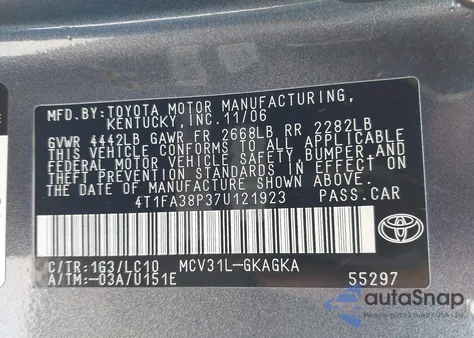 2007 Toyota Camry Solara Sle from USA, damaged, VIN 4T1FA38P37U121923